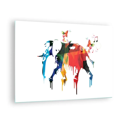 Impression sur verre - Image sur verre - Éléphant coloré dans un style aquarelle moderne - 70x50cm - Tout le monde peut danser - Décoration murale moderne pour le salon et la chambre ARTTOR