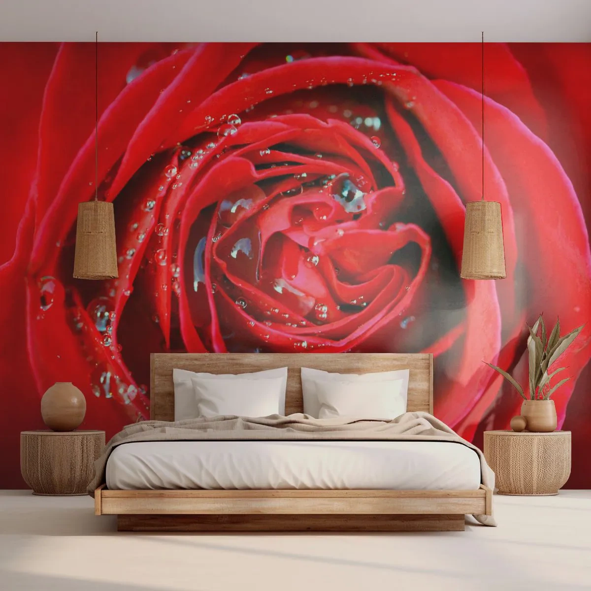 Papier Peint Photo Premium Sand - Dans les gouttes de rosée - Fleurs, Rose rouge, Amour - 400x280 cm