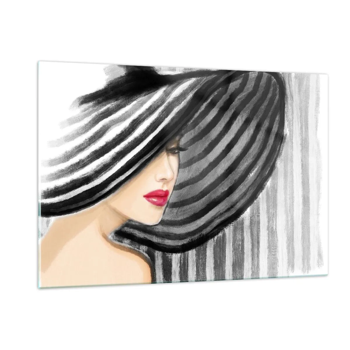 Impression sur verre - Image sur verre - Femme élégante portant un chapeau rayé noir et blanc - 120x80cm - Où te chercher ? - Décoration murale moderne pour le salon et la chambre ARTTOR