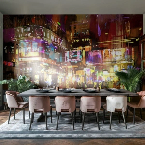 Papier Peint Photo Premium Canvas - Une ville animée la nuit sous la lumière des néons - 100x70cm - Dans une mer de lumière - Décoration murale moderne pour le salon et la chambre ARTTOR