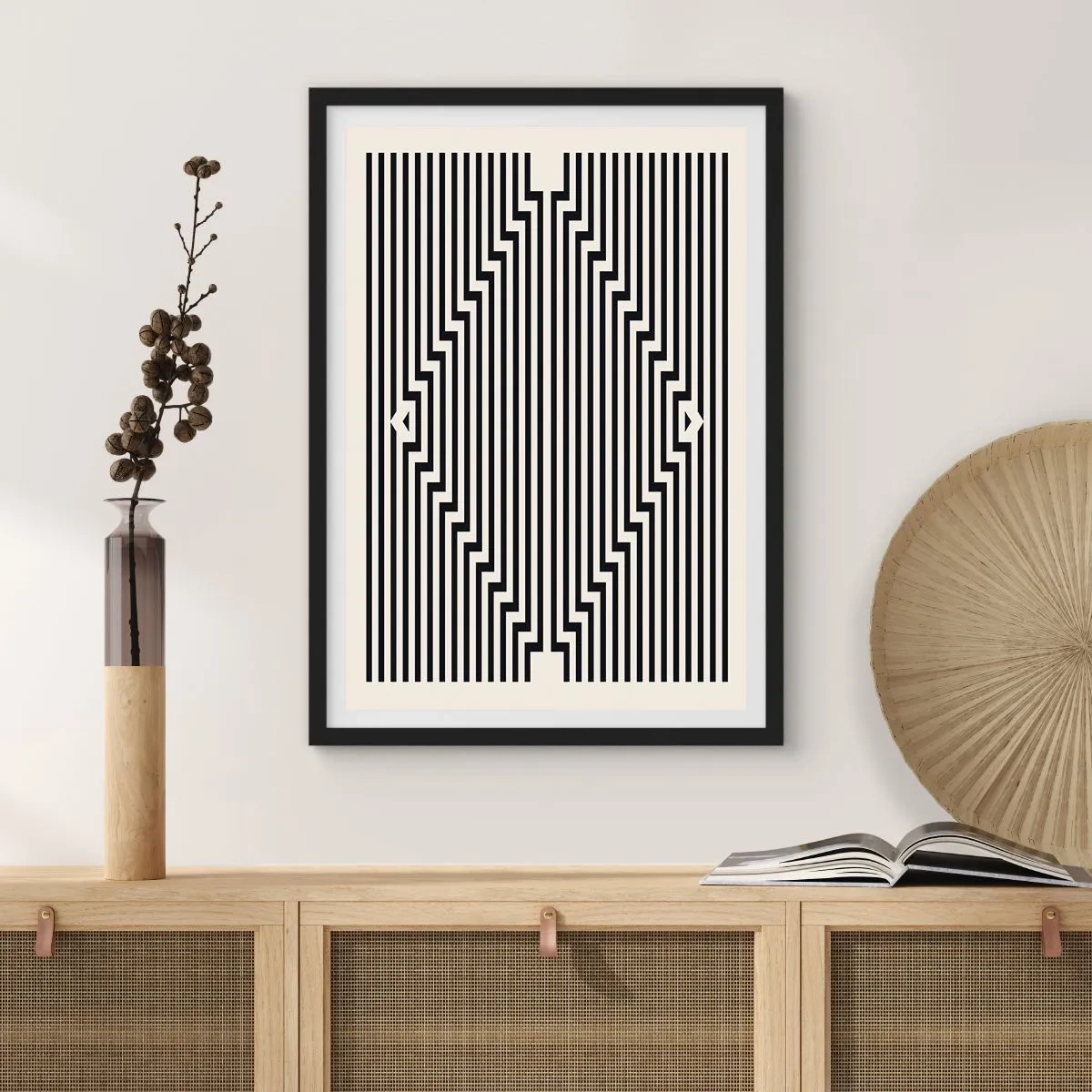 Affiche dans un cadre noir - Poster - Lignes noires et blanches créant une illusion d'optique - 50x70cm - Illusion géométrique - Décoration murale moderne pour le salon et la chambre ARTTOR