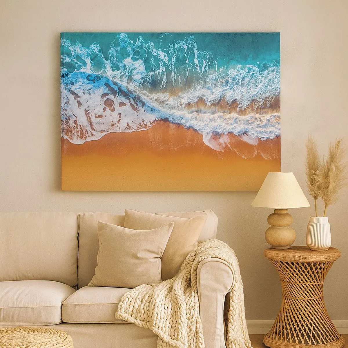 Impression sur toile - Image sur toile - Vue aérienne des vagues de l'océan s'écrasant sur le rivage - 70x50cm - Toujours ensemble - Décoration murale moderne pour le salon et la chambre ARTTOR
