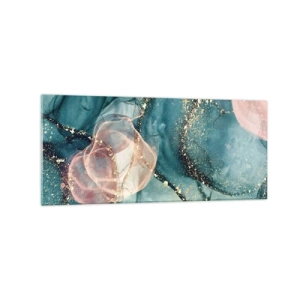 Impression sur verre - Image sur verre - Une composition abstraite dans des tons turquoise et or. - 120x50cm - Soie bleu, tulle rose - Décoration murale moderne pour le salon et la chambre ARTTOR