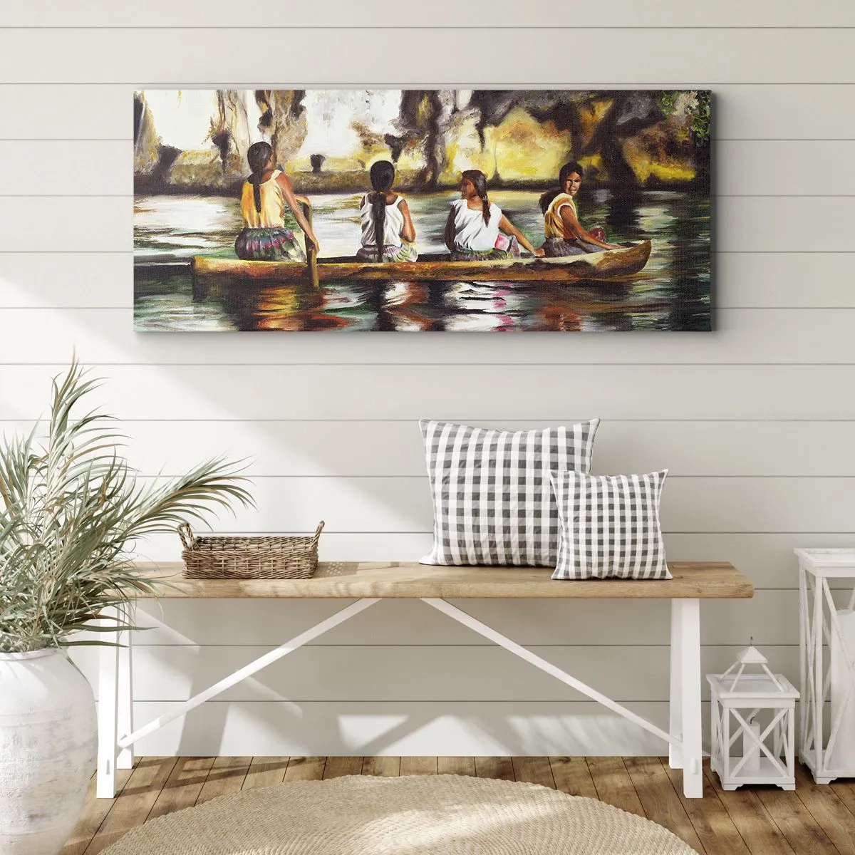 Impression sur toile - Image sur toile - Femmes dans un bateau sur une rivière calme avec un arrière-plan pittoresque - 140x50cm - Dans un paradis polynésien - Décoration murale moderne pour le salon et la chambre ARTTOR