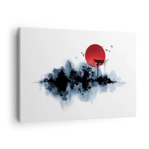 Impression sur toile - Image sur toile - Soleil rouge sur un paysage pittoresque avec torii - 70x50cm - Vue japonnaise - Décoration murale moderne pour le salon et la chambre ARTTOR