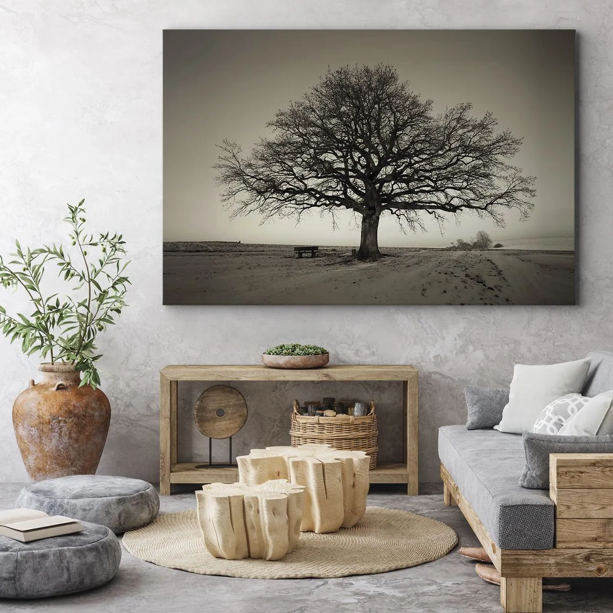 Impression sur toile - Image sur toile - Un arbre solitaire dans un champ de sépia - 100x70cm - D'ici à l'éternité - Décoration murale moderne pour le salon et la chambre ARTTOR