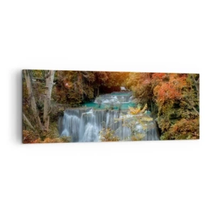 Impression sur toile - Image sur toile - Cascade d'automne entourée d'arbres colorés au soleil - 140x50cm - Trésor caché de la forêt - Décoration murale moderne pour le salon et la chambre ARTTOR