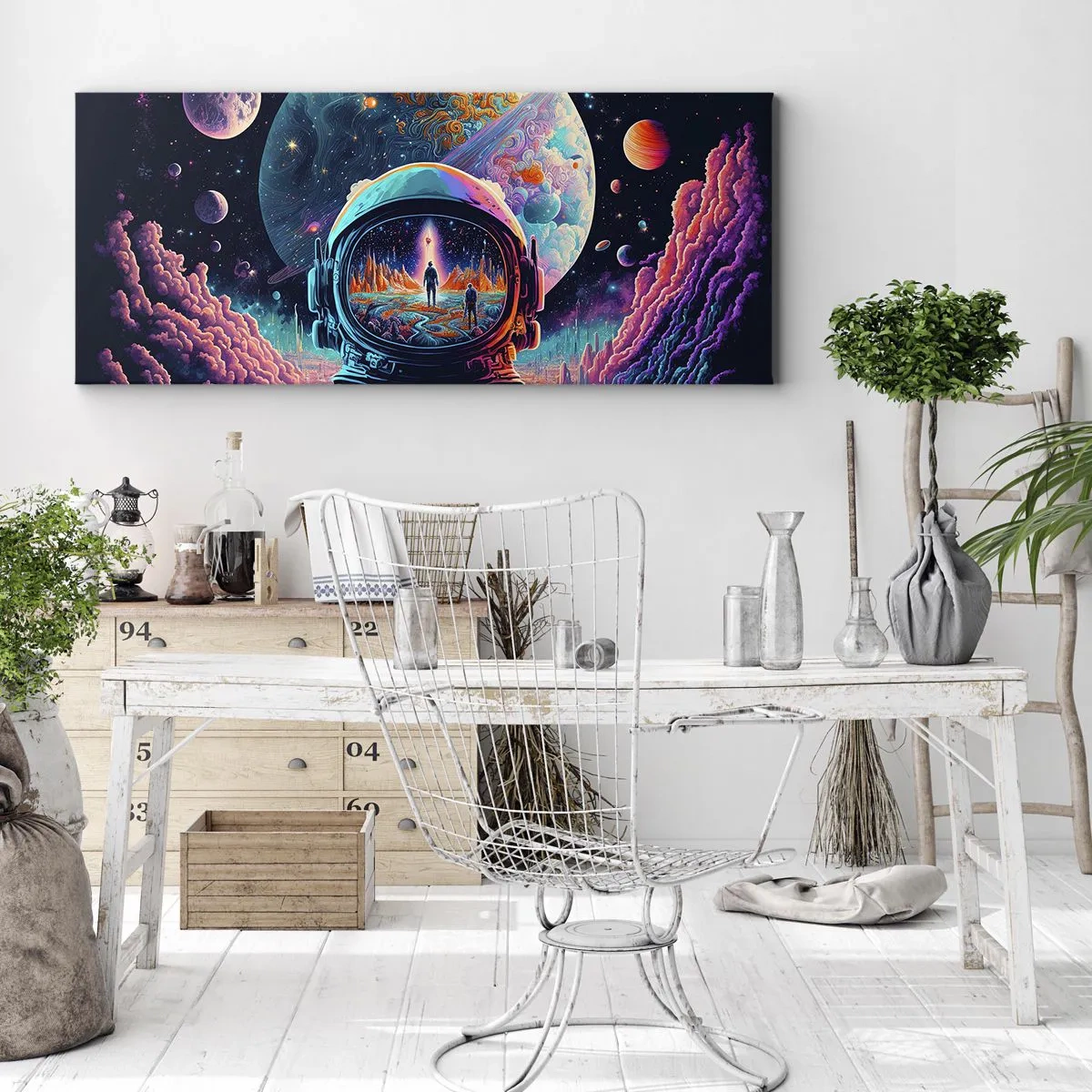 Impression sur toile - Image sur toile - Astronaute dans l'espace avec un paysage planétaire coloré - 160x50cm - Les philosophes n'en ont pas rêvé - Décoration murale moderne pour le salon et la chambre ARTTOR