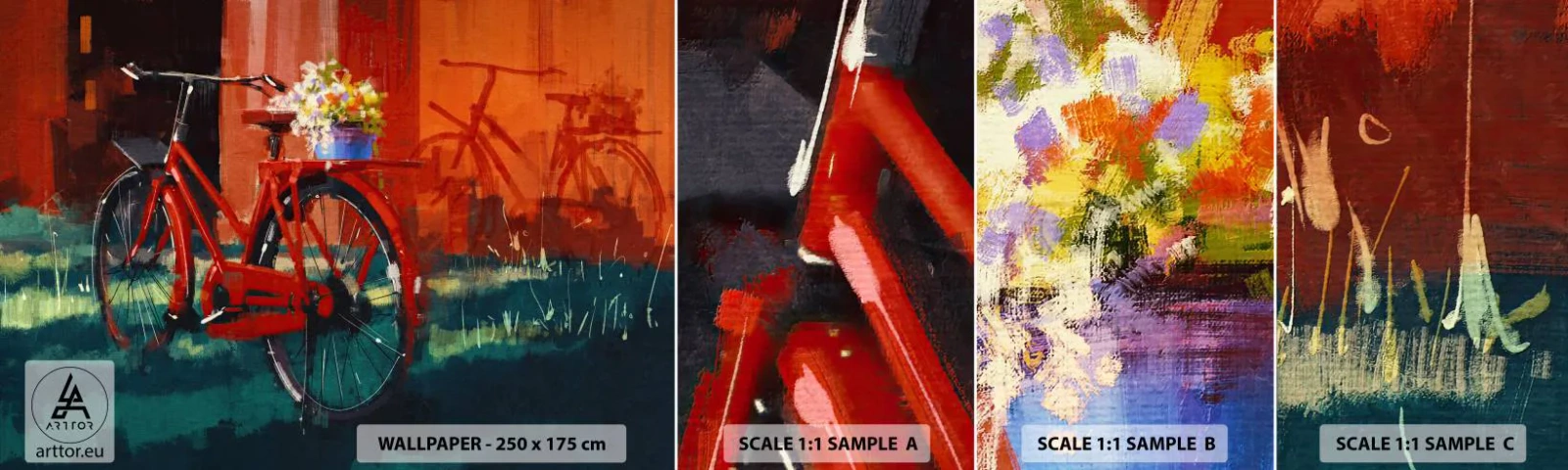 Échantillon de Papier Peint Autocollant Deluxe Sticker - I want to ride my bicycle - Vélo vintage, Fleurs en pot, Voyage - 100x30 cm