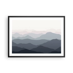 Affiche dans un cadre noir - Poster - Subtiles couches de montagne dans des tons de gris et de bleu - 70x50cm - Vagues de montagnes - Décoration murale moderne pour le salon et la chambre ARTTOR