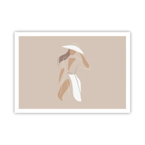 Affiche - Poster - Un dessin minimaliste d'une femme avec un chapeau sur fond beige. - 100x70cm - Lea mode est un jeu - Décoration murale moderne pour le salon et la chambre ARTTOR