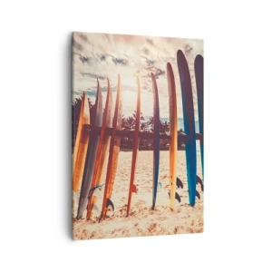 Impression sur toile - Image sur toile - Planches de surf sur la plage au coucher du soleil - 50x70cm - Bonne nuit, à demain - Décoration murale moderne pour le salon et la chambre ARTTOR