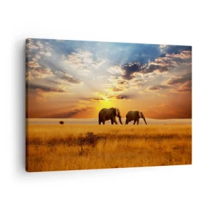 Impression sur toile - Image sur toile - Éléphants dans la savane au coucher du soleil - 70x50cm - Déambulation familliale - Décoration murale moderne pour le salon et la chambre ARTTOR