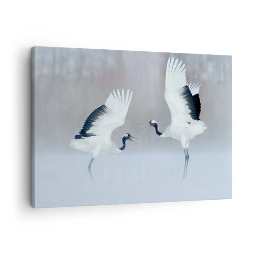 Impression sur toile - Image sur toile - Deux grues dansant dans un paysage brumeux - 70x50cm - Danse dans le brouillard - Décoration murale moderne pour le salon et la chambre ARTTOR