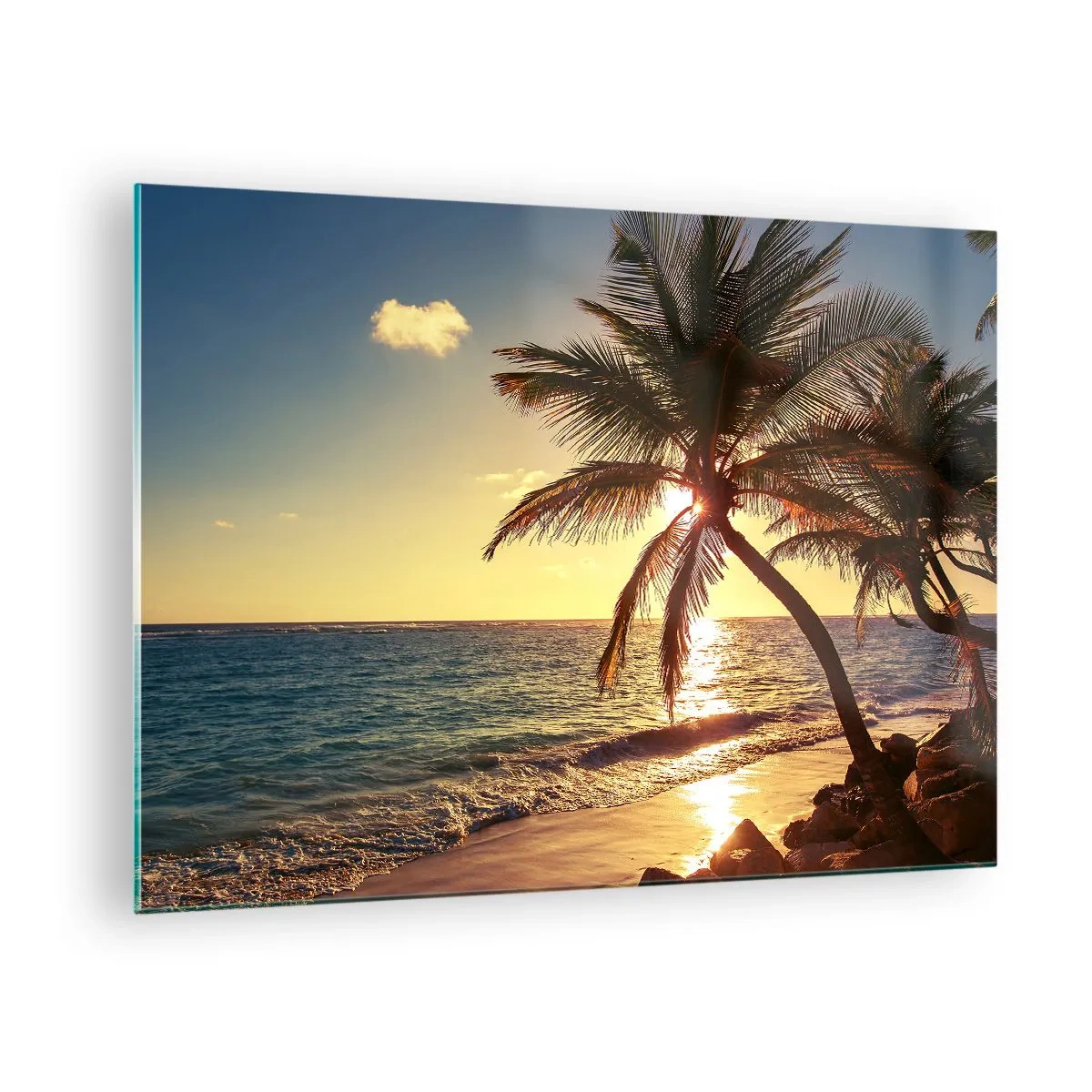 Impression sur verre - Image sur verre - Plage tropicale avec palmiers à la lumière du soleil couchant - 70x50cm - L'été sous les palmiers - Décoration murale moderne pour le salon et la chambre ARTTOR