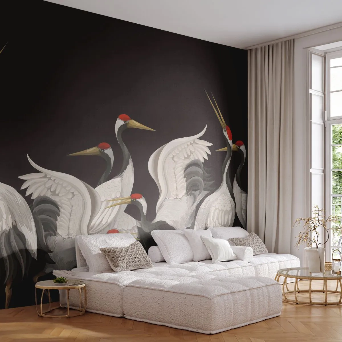 Papier Peint Photo Premium Canvas - Histoire d'oiseaux - Grues, Des oiseaux, Morceau - 250x175 cm