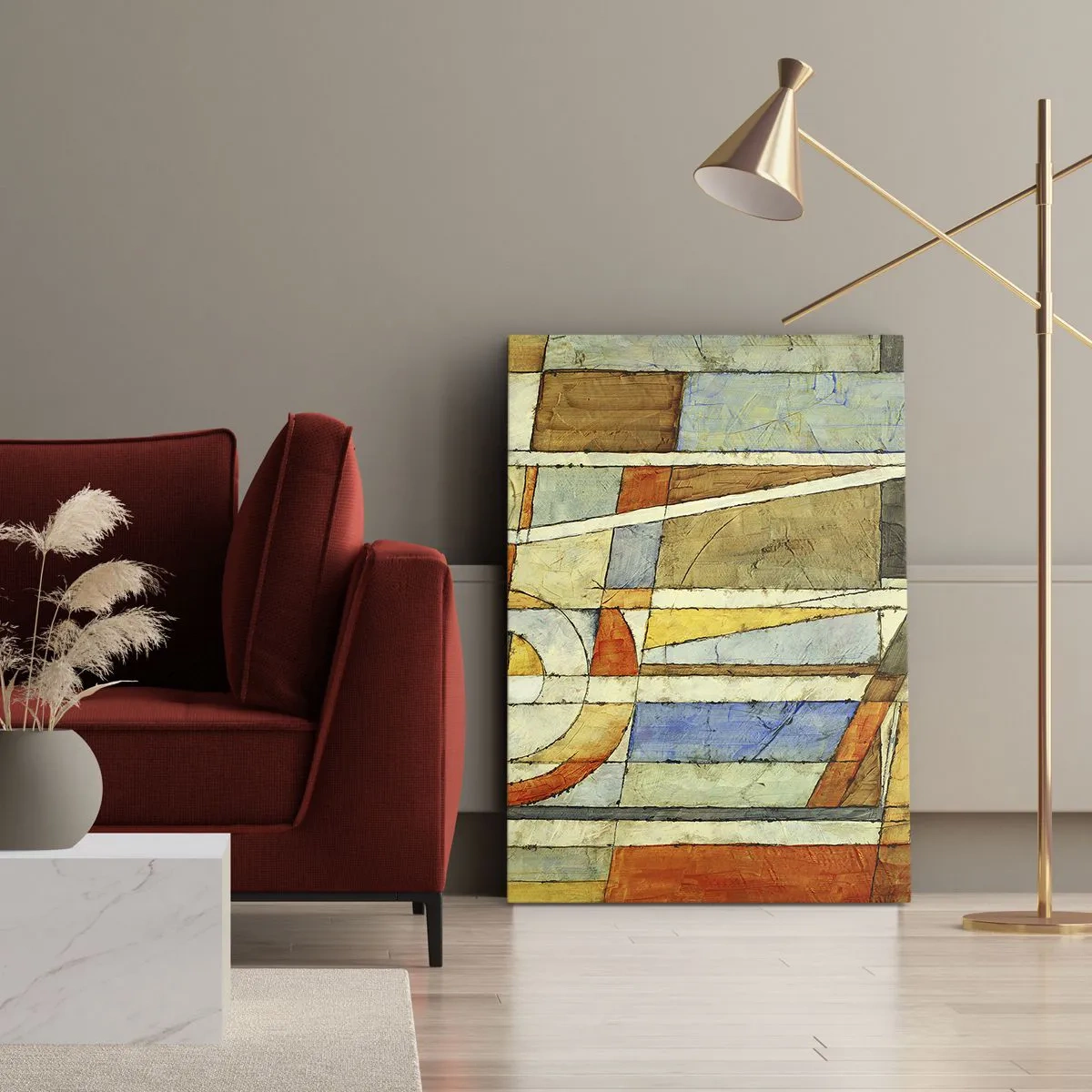 Impression sur toile - Image sur toile - Abstraction géométrique dans les tons beige, bleu et orange - 50x70cm - Cubisme sur le chantier - Décoration murale moderne pour le salon et la chambre ARTTOR