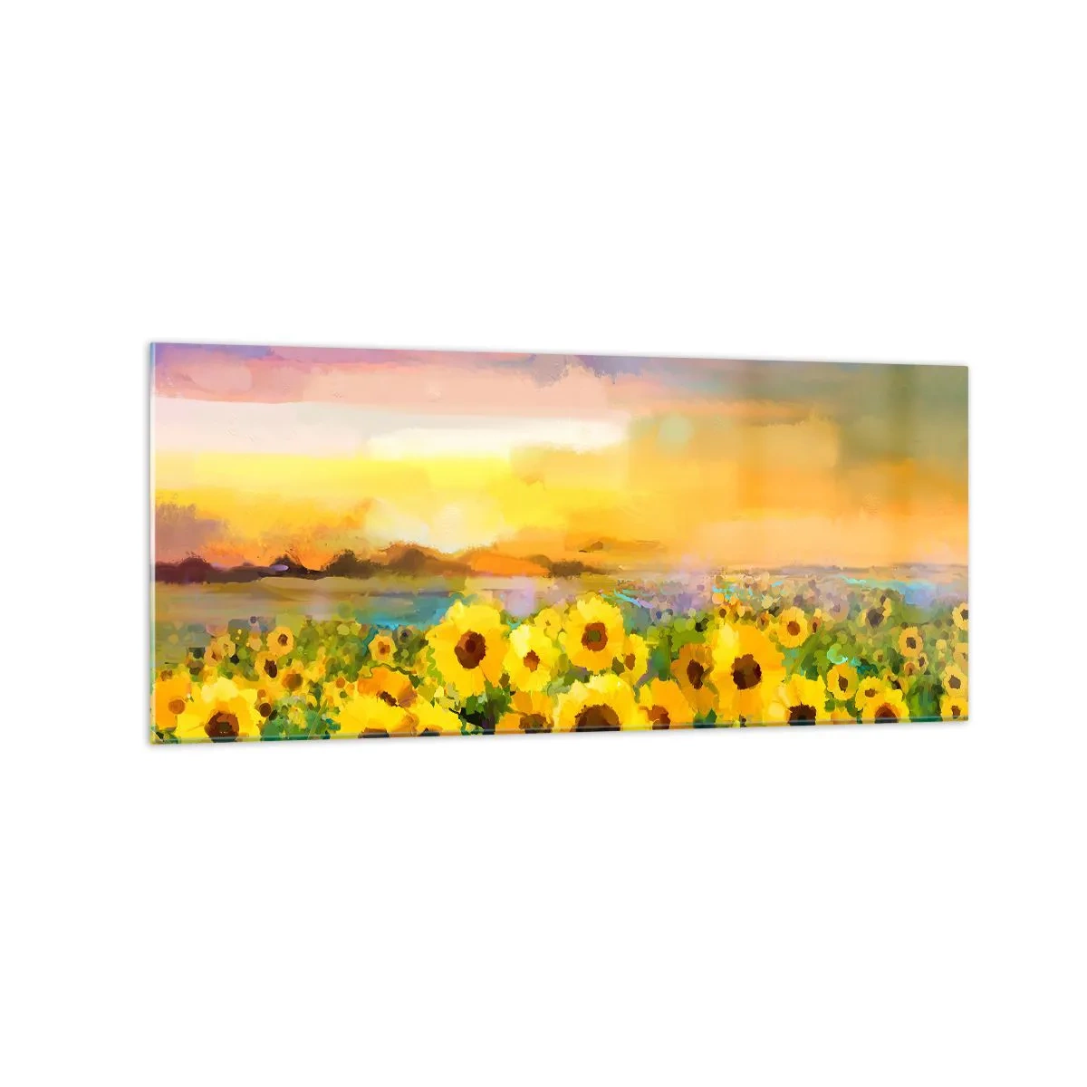Impression sur verre - Image sur verre - Un champ de tournesols à la lumière du soleil couchant - 120x50cm - Le soleil lui-même est descendu sur terre - Décoration murale moderne pour le salon et la chambre ARTTOR