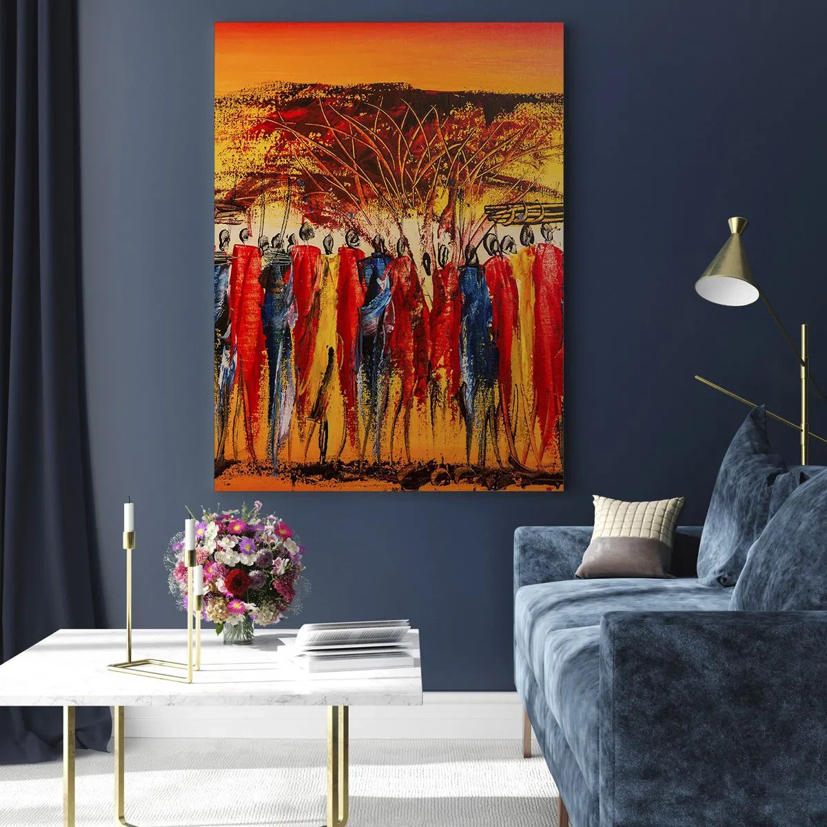 Impression sur verre - Image sur verre - Une scène colorée avec des personnages africains sur fond de soleil couchant. - 80x120cm - Là-bas, là-bas, ils vont là-bas - Décoration murale moderne pour le salon et la chambre ARTTOR