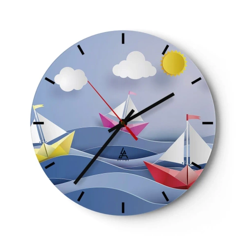 Horloge murale - Pendule murale - Bateaux en papier sur les vagues par une journée ensoleillée - 30x30cm - Ah qu'il est agréable de se balancer dans les vagues - Décoration murale moderne pour le salon, la cuisine et la chambre ARTTOR
