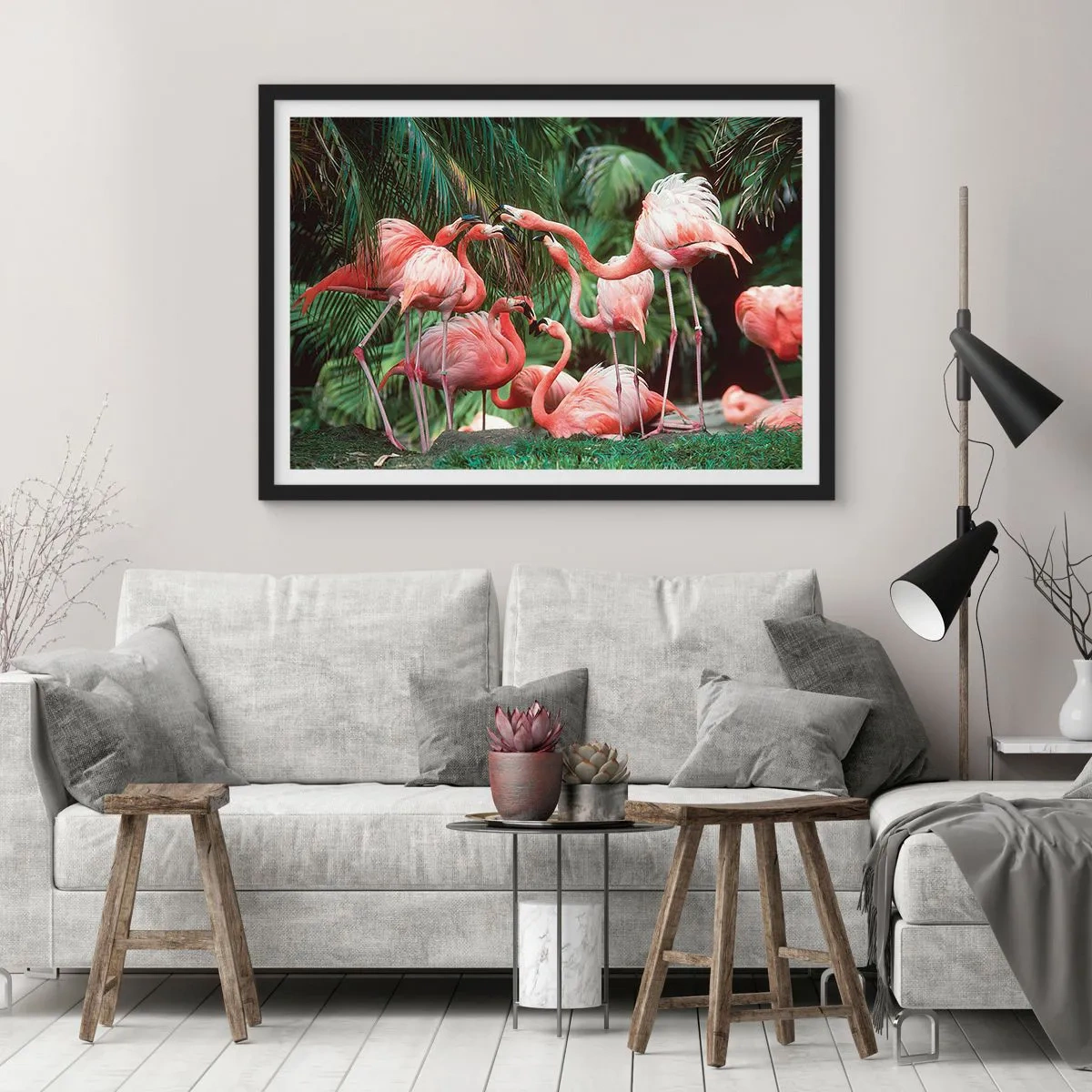 Affiche dans un cadre noir - Poster - Un groupe de flamants roses dans un cadre tropical entouré de palmiers - 70x50cm - Potins d'après-midi - Décoration murale moderne pour le salon et la chambre ARTTOR