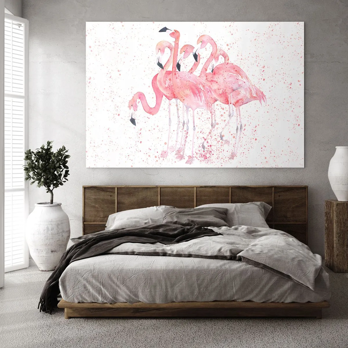 Impression sur verre - Image sur verre - Flamants roses à l'aquarelle sur fond clair avec des taches délicates - 70x50cm - Ensemble rose - Décoration murale moderne pour le salon et la chambre ARTTOR