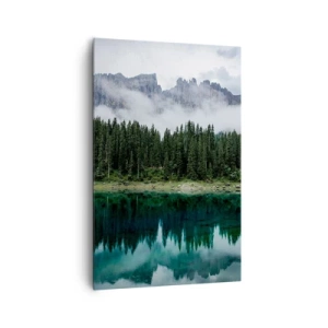 Impression sur toile - Image sur toile - Un paysage de montagne avec une forêt et un lac reflétant le ciel - 80x120cm - Chut, chut, ne réveillons pas l'eau qui dort - Décoration murale moderne pour le salon et la chambre ARTTOR