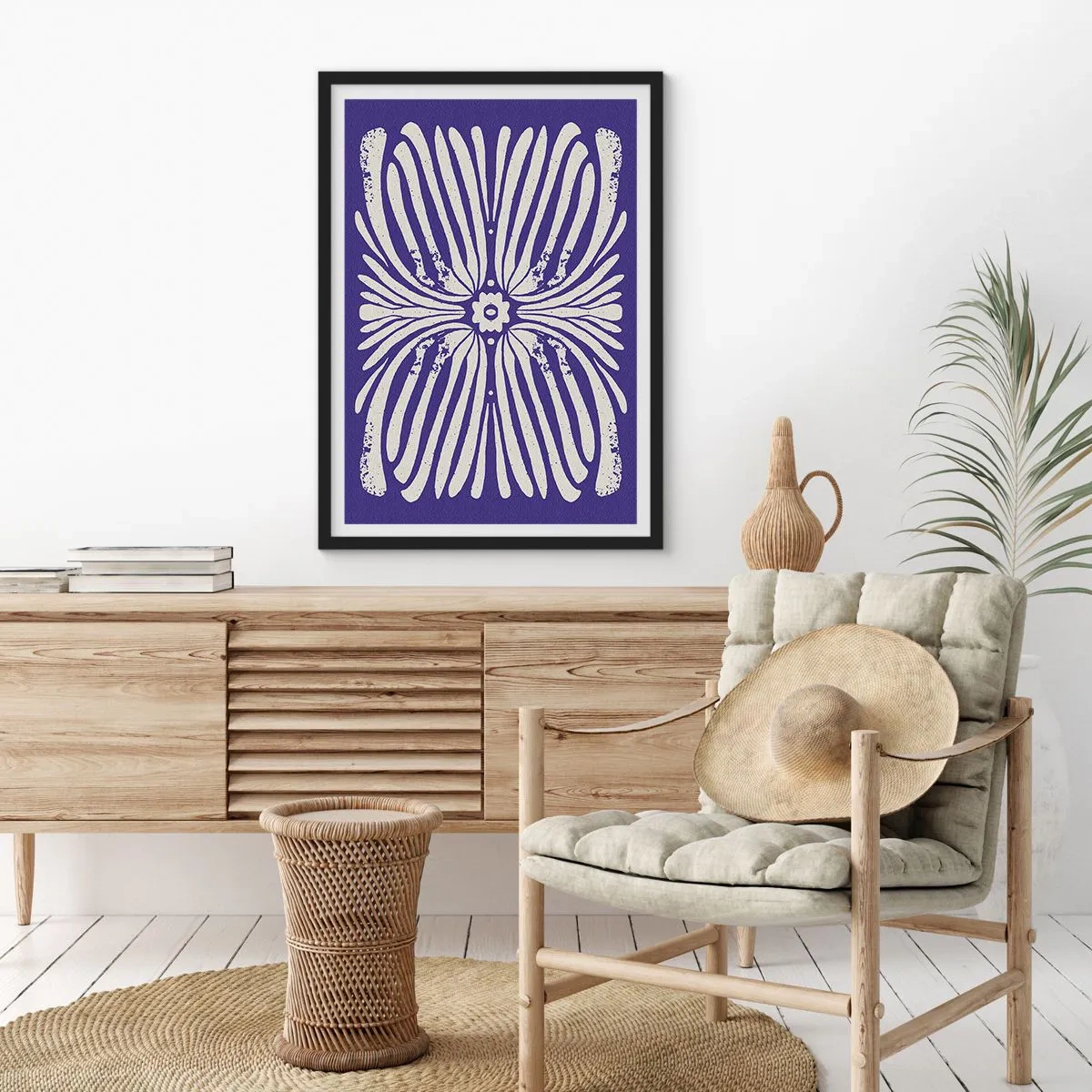 Affiche dans un cadre noir - Poster - Motif floral rétro symétrique sur fond bleu marine - 50x70cm - Inspirations ethniques - Décoration murale moderne pour le salon et la chambre ARTTOR
