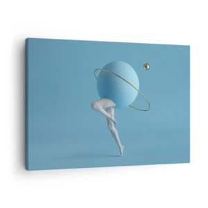 Impression sur toile - Image sur toile - Une sphère bleue avec une orbite et des jambes humaines contre le ciel - 70x50cm - Et les planètes deviennent folles - Décoration murale moderne pour le salon et la chambre ARTTOR