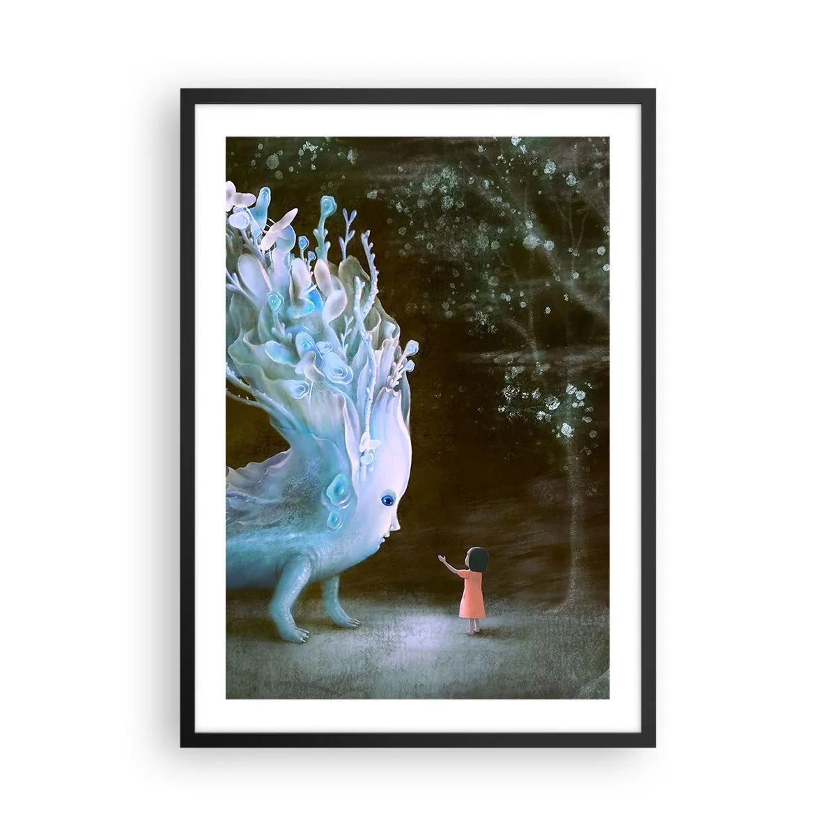 Affiche dans un cadre noir - Poster - Une fille dans la forêt rencontre une créature magique dans un environnement lumineux. - 50x70cm - Une rencontre fantastique - Décoration murale moderne pour le salon et la chambre ARTTOR