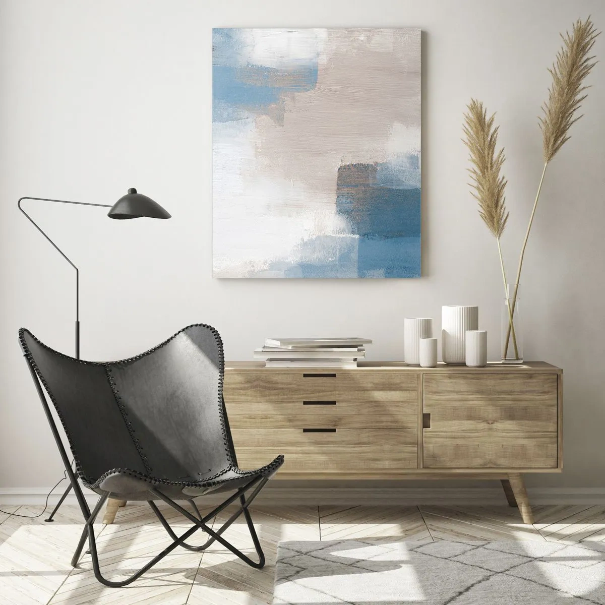 Impression sur verre - Image sur verre - Formes abstraites dans les tons de bleu et de beige - 80x120cm - Abstraction rose derrière un rideau de bleu - Décoration murale moderne pour le salon et la chambre ARTTOR