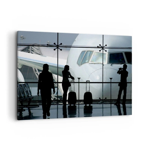 Impression sur toile - Image sur toile - Aéroport avec des silhouettes de personnes et une vue de l'avion - 100x70cm - Vis-à-vis de l'aéroport - Décoration murale moderne pour le salon et la chambre ARTTOR