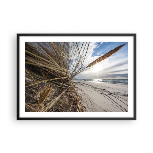 Affiche dans un cadre noir - Poster - Une plage avec de l'herbe sèche sur les dunes et une vue sur la mer - 70x50cm - Rencontre des éléments - Décoration murale moderne pour le salon et la chambre ARTTOR