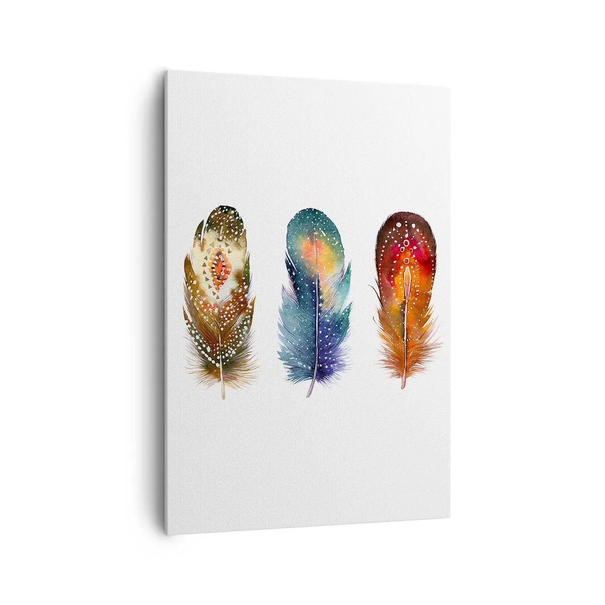 Impression sur toile - Image sur toile - Trois plumes colorées avec des motifs artistiques sur un fond clair - 70x100cm - Rituels, cérémonies, secrets - Décoration murale moderne pour le salon et la chambre ARTTOR
