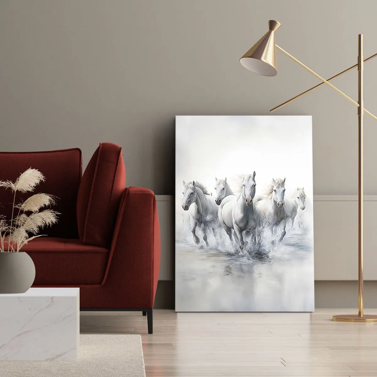 Impression sur toile - Image sur toile - Des chevaux blancs galopent dans l'eau - 50x70cm - Magie blanche - Décoration murale moderne pour le salon et la chambre ARTTOR