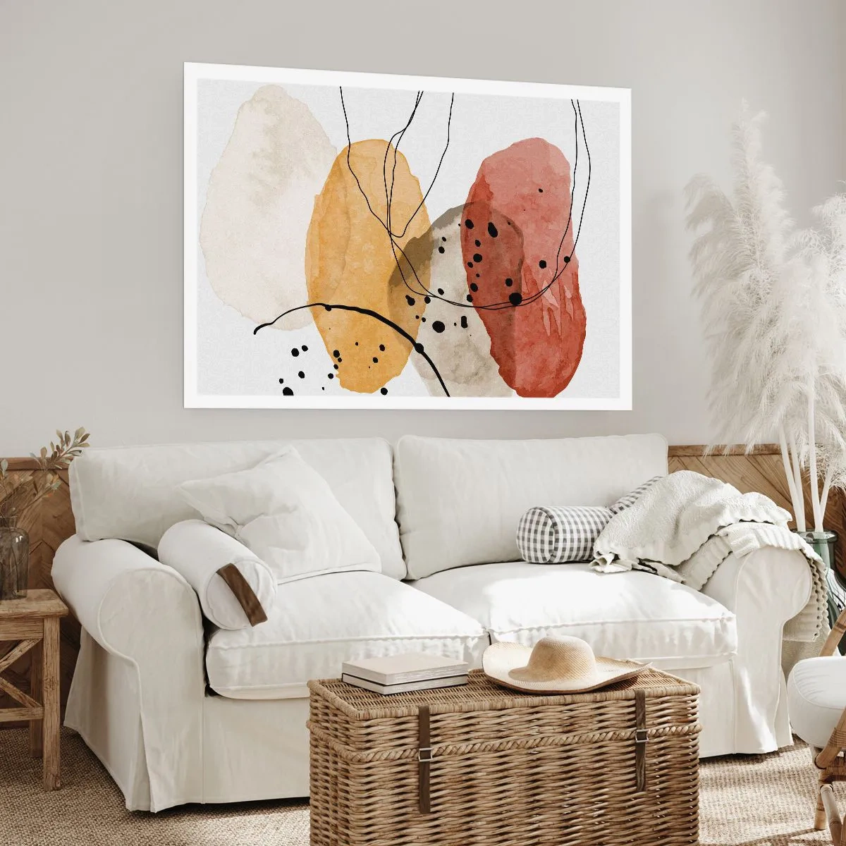 Affiche - Poster - Taches abstraites dans les tons beige, jaune et rouge - 100x70cm - Léger et transparent comme l'air - Décoration murale moderne pour le salon et la chambre ARTTOR