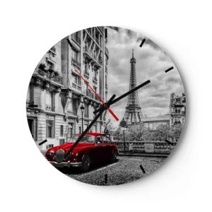 Horloge murale - Pendule murale - Vue en noir et blanc de la Tour Eiffel avec une voiture rétro rouge - 30x30cm - Prédateur dans la ville - Décoration murale moderne pour le salon, la cuisine et la chambre ARTTOR