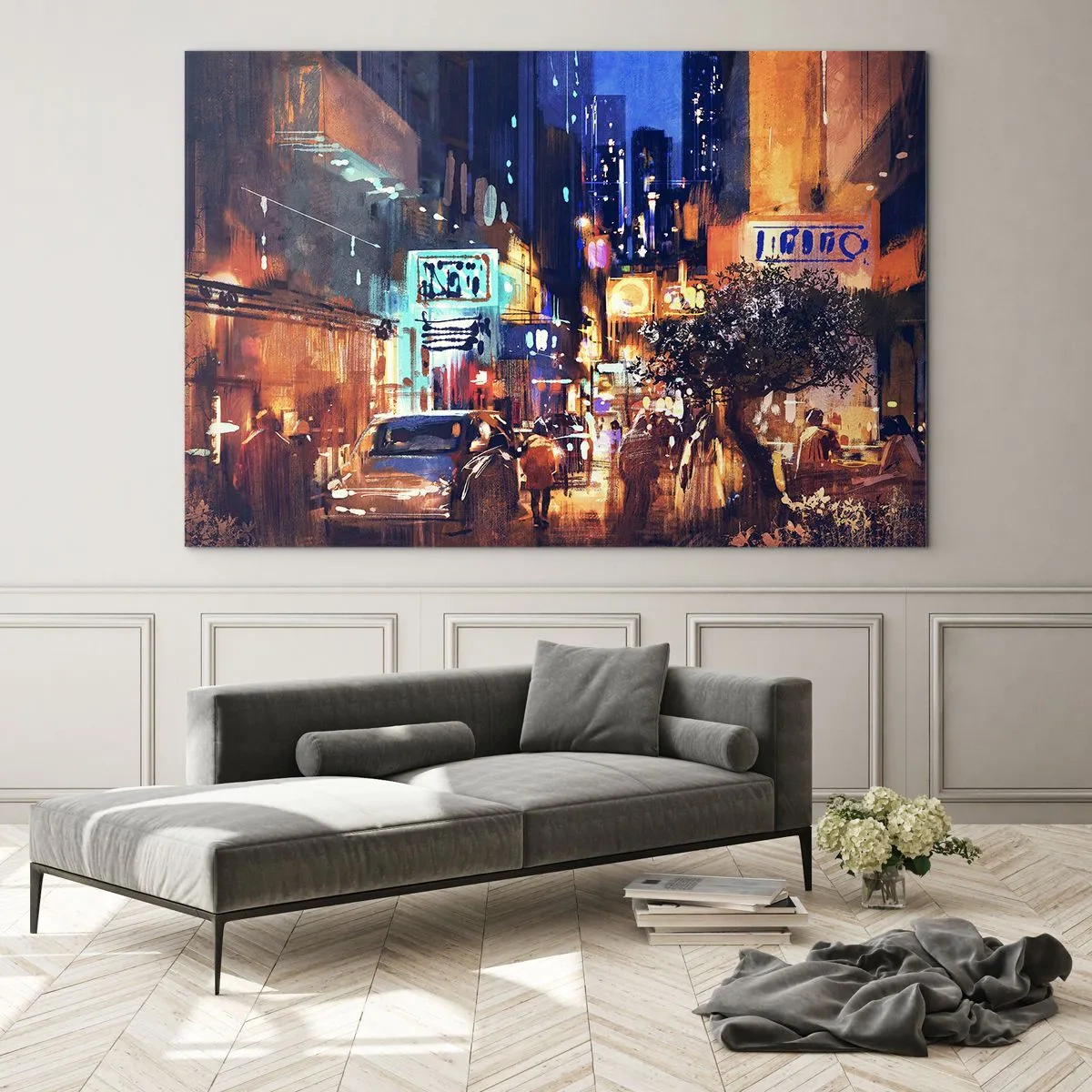 Impression sur verre - Image sur verre - Scène de ville nocturne pittoresque avec néons et circulation routière - 120x80cm - Et la ville ne dort pas - Décoration murale moderne pour le salon et la chambre ARTTOR