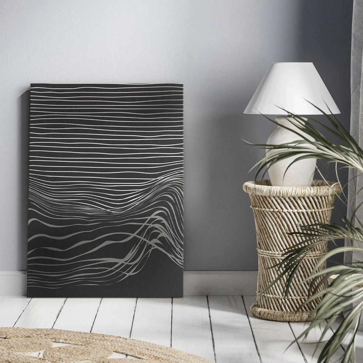 Impression sur toile - Image sur toile - Lignes blanches sur fond gris foncé dans un arrangement abstrait - 70x100cm - Rythme et accent - Décoration murale moderne pour le salon et la chambre ARTTOR