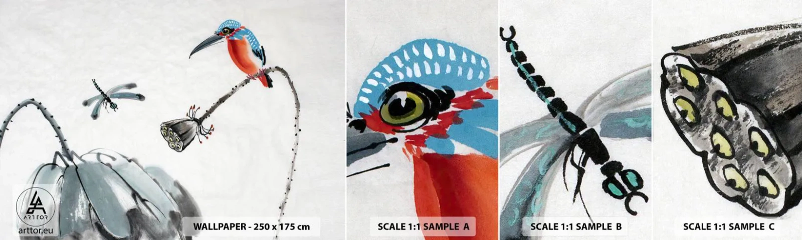 Échantillon de Papier Peint Autocollant Deluxe Sticker - La vie du champ - Abstraction, Oiseau, Fleur - 100x30 cm