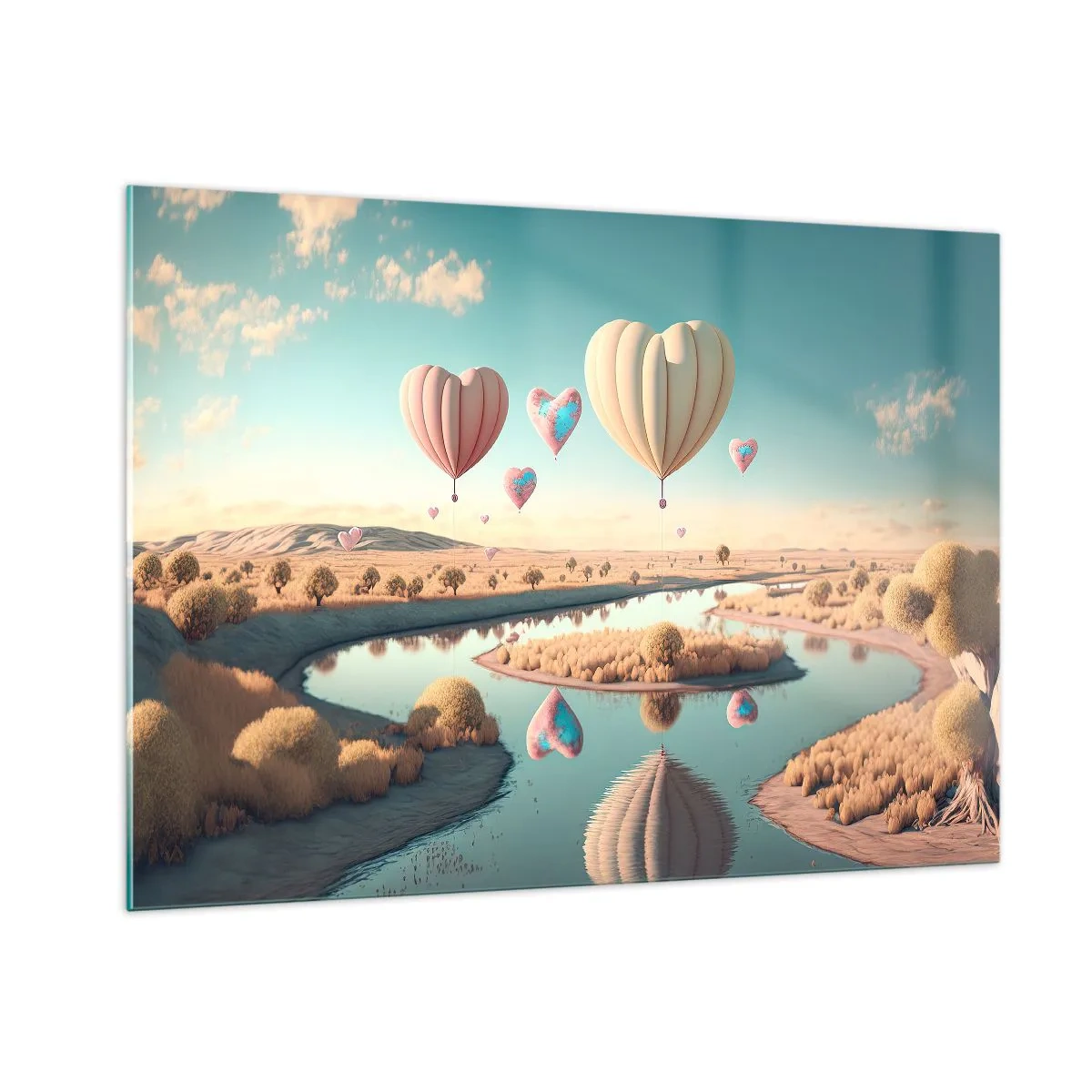 Impression sur verre - Image sur verre - Ballons en forme de cœur au-dessus d'un paysage de conte de fées avec une rivière - 100x70cm - L'amour te permet de t'élever - Décoration murale moderne pour le salon et la chambre ARTTOR