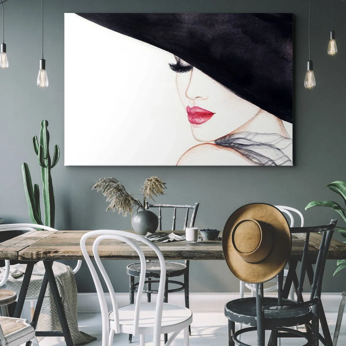 Impression sur toile - Image sur toile - Une illustration subtile d'une femme portant un chapeau noir et des lèvres rouges - 70x50cm - Élégance et sensualité - Décoration murale moderne pour le salon et la chambre ARTTOR