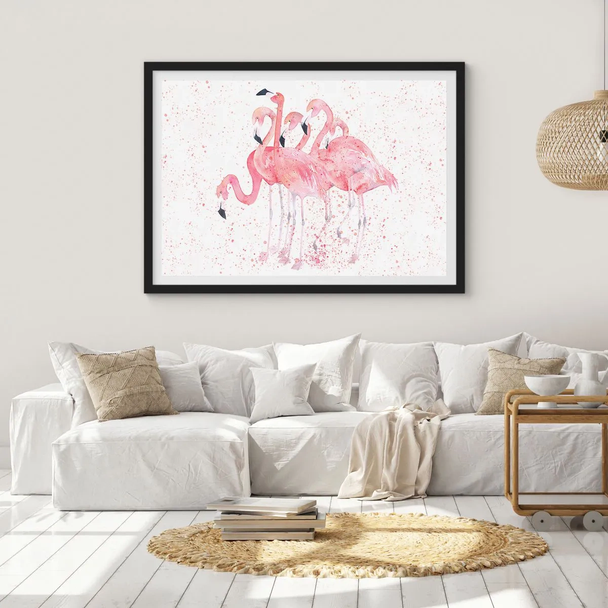 Affiche dans un cadre noir - Poster - Flamants roses dans un style aquarelle artistique - 70x50cm - Ensemble rose - Décoration murale moderne pour le salon et la chambre ARTTOR