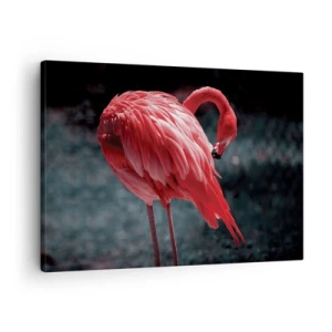 Impression sur toile - Image sur toile - Un flamant rose sur fond vert foncé - 70x50cm - Poème cramoisi de la nature - Décoration murale moderne pour le salon et la chambre ARTTOR