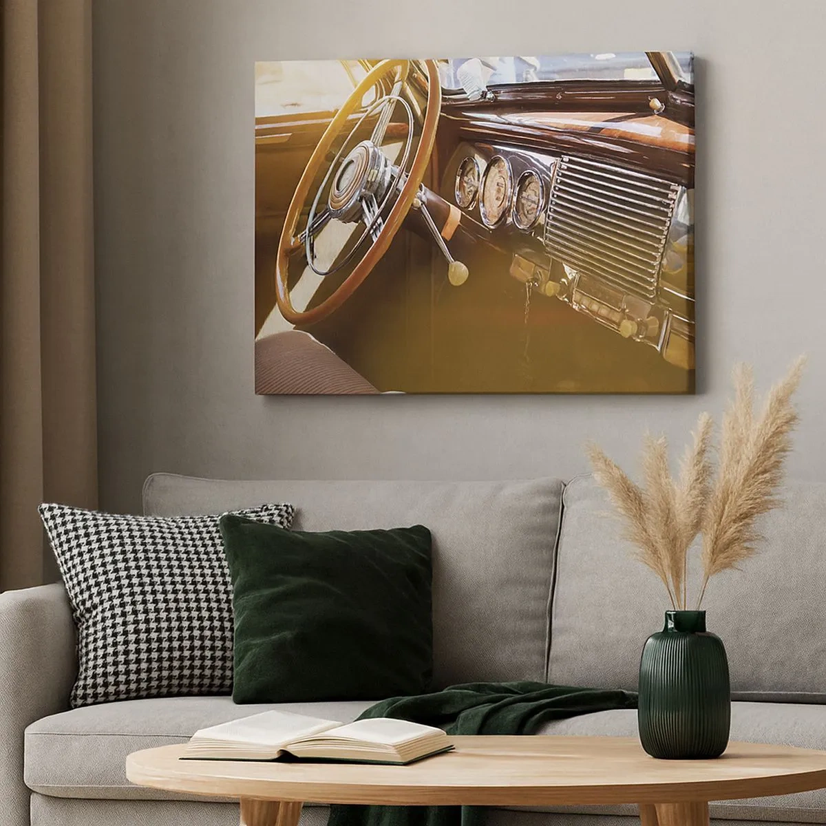 Impression sur toile - Image sur toile - Gros plan de l'intérieur d'une voiture classique avec des détails en bois et en chrome. - 70x50cm - Souffle de luxe venu du passé - Décoration murale moderne pour le salon et la chambre ARTTOR