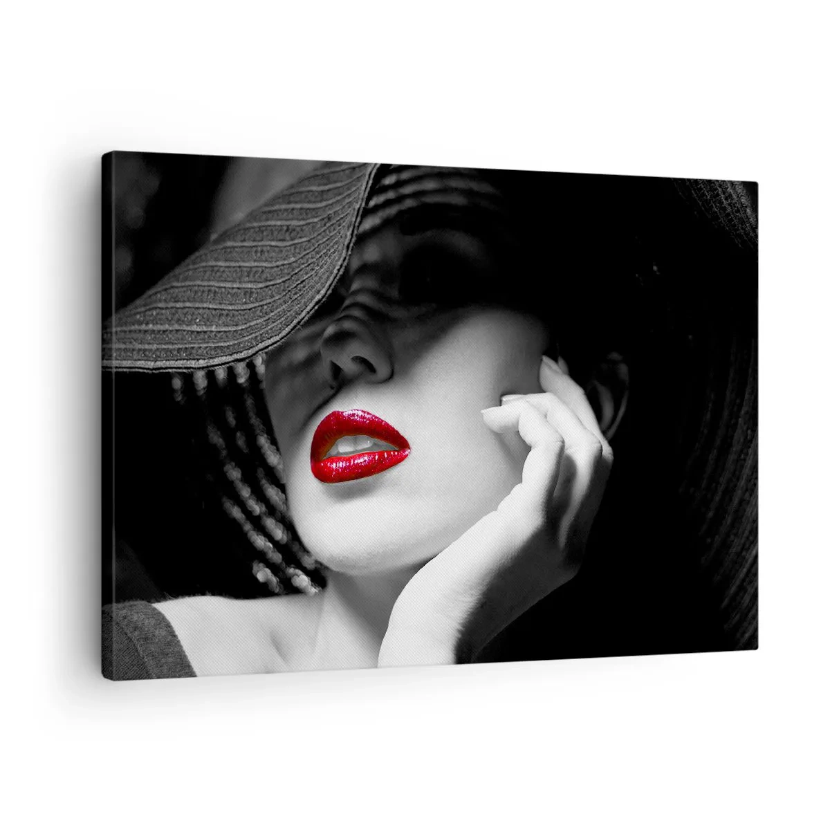 Impression sur toile - Image sur toile - Portrait noir et blanc d'une femme aux lèvres rouges - 70x50cm - Étude écarlate - Décoration murale moderne pour le salon et la chambre ARTTOR