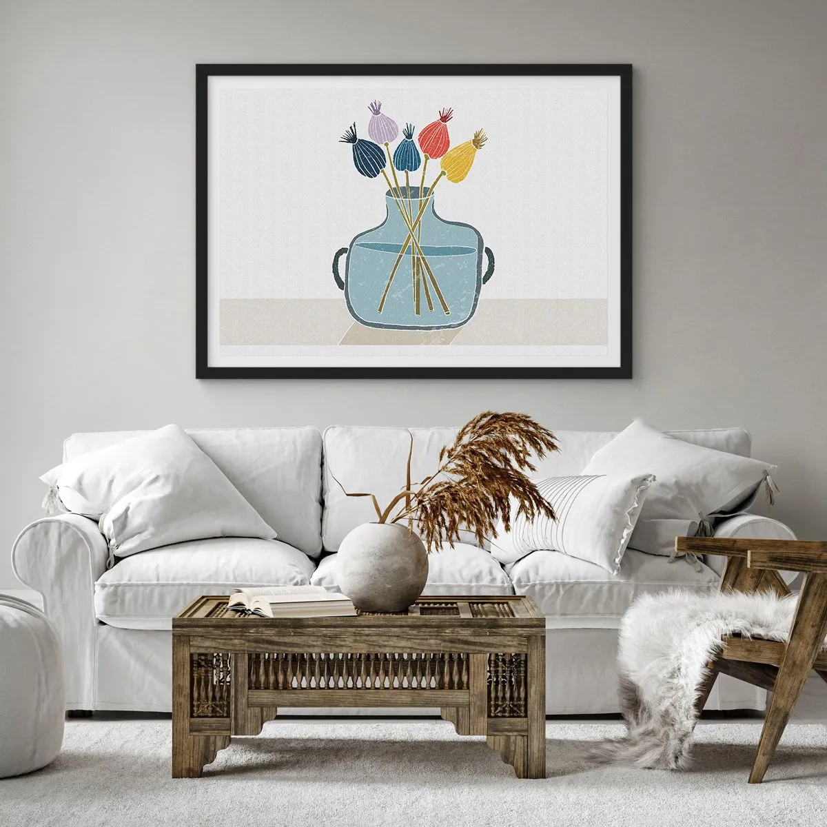 Affiche dans un cadre noir - Poster - Fleurs séchées colorées dans un vase sur fond blanc - 70x50cm - Comme s'il avait semé des graines de pavot - Décoration murale moderne pour le salon et la chambre ARTTOR