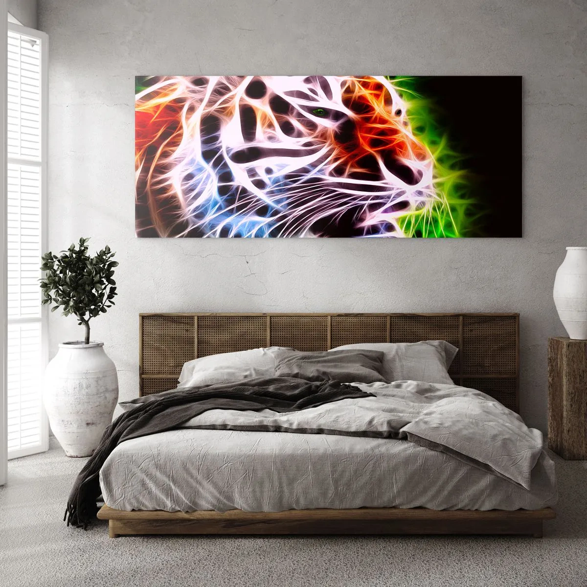 Impression sur verre - Image sur verre - Portrait artistique coloré d'un tigre dans un style néon sur fond noir. - 120x50cm - L'aura dangereux - Décoration murale moderne pour le salon et la chambre ARTTOR
