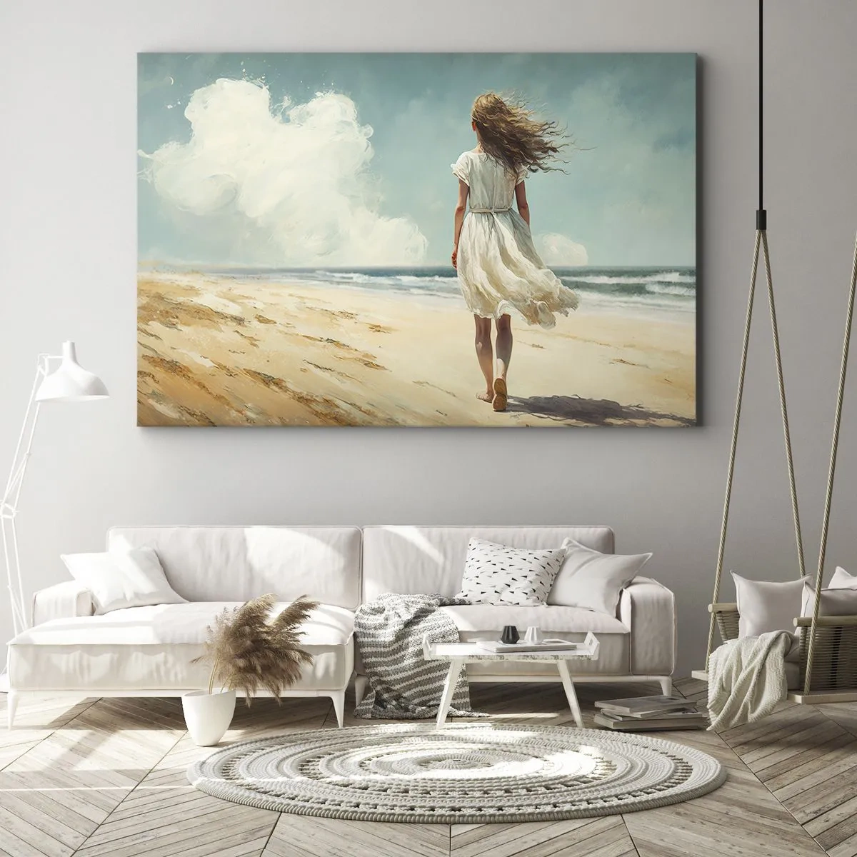 Impression sur toile - Image sur toile - Une femme en robe blanche marchant sur la plage par une journée ensoleillée - 100x70cm - Pour rencontrer le soleil et le vent - Décoration murale moderne pour le salon et la chambre ARTTOR