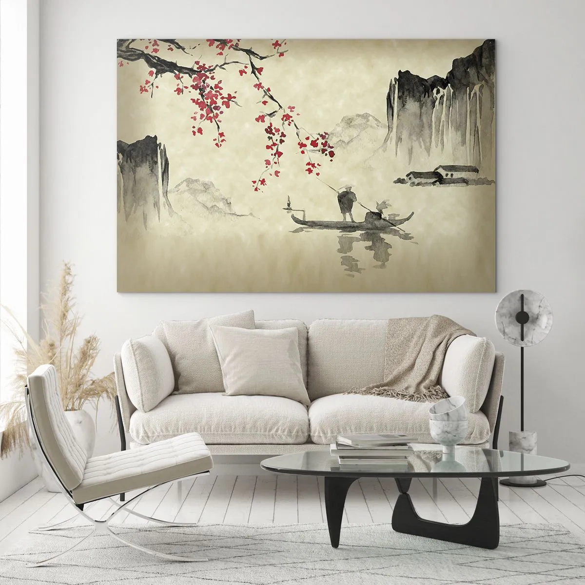 Impression sur verre - Image sur verre - Scène de pêche orientale avec branche de cerisier en fleurs et montagnes - 120x80cm - Au pays des cerisiers en fleurs - Décoration murale moderne pour le salon et la chambre ARTTOR